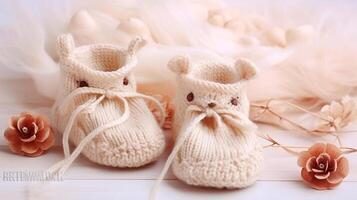 knitting for a newborn, crochet. booties, top view on a soft beige background, tenderness, knitting needles, wool, lace ribbon and feathers, photo