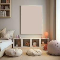 Mockup of a frame on the wall in a children's room. Soft beige interior for a baby.AI generation photo