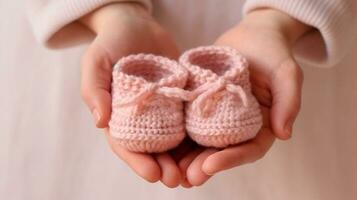 De las mujeres manos hermosa de cerca, tejido de punto para un recién nacido, crochet.botines, parte superior ver en un suave rosado blanco fondo generado foto