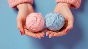 boy or girl knitting for newborn, crochet. booties, top view on a soft pink blue beige background, tenderness, knitting needles, wool, lace ribbon,AI generated photo