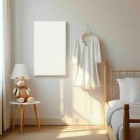 Mockup of a white blank poster in a children's interior. Soft beige interior for a baby.AI generation photo