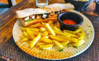 Baguette sandwich toast bread with chicken tomato salad potatoes fries. photo