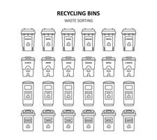 Recycling bins icons, logos. Garbage sorting and segregation. Dustbins for plastic, paper, glass, organic, metal, e-waste. Waste management. Ecology. Line art, doodles. vector