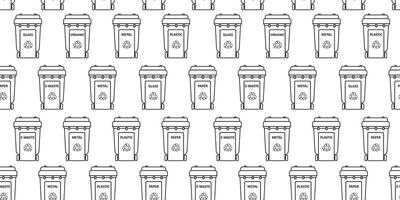 Recycling bins linear seamless pattern. Garbage sorting and segregation. Dustbins for plastic, paper, glass, organic, metal, e-waste. Ecology. Line art, doodles. Background, digital paper, wallpaper. vector