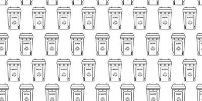 Recycling bins linear seamless pattern. Garbage sorting and segregation. Dustbins for plastic, paper, glass, organic, metal, e-waste. Ecology. Line art, doodles. Background, digital paper, wallpaper. vector