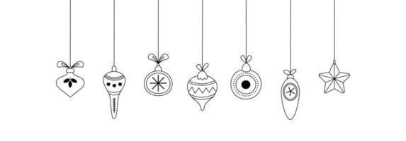 Set of hanging Christmas tree decorations, baubles. New year doodles. Linear background, banner. Modern line art. vector