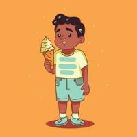 Cute boy, African American boy holding ice cream in his hand, smile on his face positive emotions, child holding ice cream in his hands, girl and ice cream, summer, sweet, contour drawing, flat vector