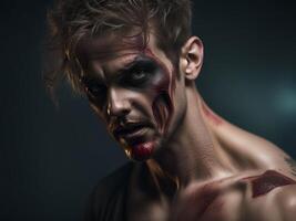 scary zombie man with blood photo