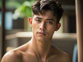 portrait of young asian man relaxing outdoors in summer day photo