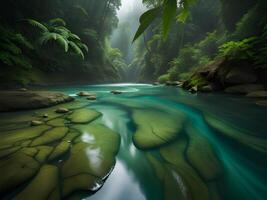 beautiful tropical forest, river flow, green trees and forest photo