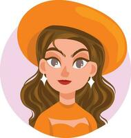 Cartoon vector illustration young female characters faces, halloween idea woman with orange color costume party, pretty portraits for social networks or user profiles female in internet, icon