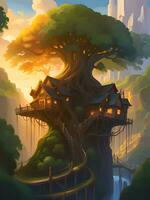 fantasy landscape background design, home on the tree photo