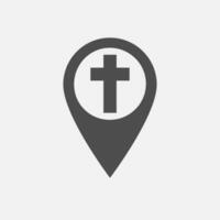 Map pointer of christian organization. Creative church logo concept. Black and white colors. Flat design. Gps location arrow. Isolated graphic template. Religious icon. Navigator pin symbol. vector