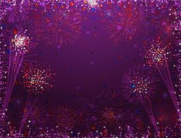 Holiday background. Purple color, glittering confetti, shiny fireworks. Festive expressive design. Greeting card template. Postcard or banner concept. Isolated elements. Abstract backdrop. Empty blank vector