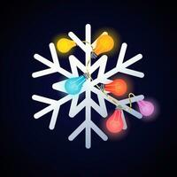 alegre Navidad y un contento nuevo año decoración o web icono. hermosa brillante copo de nieve con Encendiendo guirnalda. vector