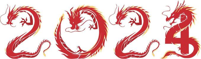 Abstract red dragon silhouette curved into the shape of the number 2024 to symbolize the Chinese Year of the Dragon, illustration style vector