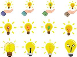 Light Bulb with Rays Shine Flat Set, Idea and Innovation Icon Set vector