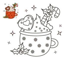 Christmas retro winter cup hot cocoa with gingerbread, holly and striped candy cane. Sweet traditional dessert. Vector linear drawing, coloring book