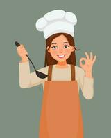 joven mujer en cocinero sombrero y delantal participación sopa cuchara demostración bueno firmar vector
