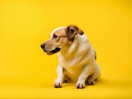 retrato de Labrador perdiguero perro en estudio en contra un amarillo pared. foto