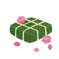 Chung cake vector set. Chung cake with peach blossom. Vietnamese cuisine. Vietnamese traditional new year. Square sticky rice stuffed in banana leaves. Banh chung. Happy Tet holiday. Tet food.