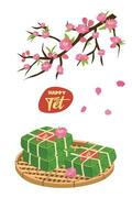 Vietnamese traditional lunar new year vector set. Vietnamese new year cuisine. Chung cake vector and peach blossom tree branch vector. Banh chung, hoa dao. Vietnamese Tet. Happy Tet holiday.