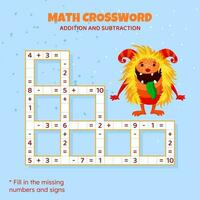 Math Crossword puzzle for kids. Addition and subtraction. Counting up to 10. Game for children. Vector illustration. Colorful crossword with cartoon monster. Task, education material for kids.