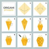 Pineapple origami scheme tutorial moving model. Origami for kids. Step by step how to make a cute origami fruit. Vector illustration.