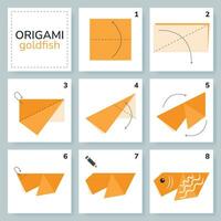 Goldfish origami scheme tutorial moving model. Origami for kids. Step by step how to make a cute origami fish. Vector illustration.