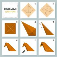 Bird origami scheme tutorial moving model. Origami for kids. Step by step how to make a cute origami bird. Vector illustration.