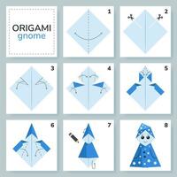 Gnome origami scheme tutorial moving model. Origami for kids. Step by step how to make a cute origami dwarf. Vector illustration.