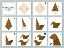 Bear origami scheme tutorial moving model. Origami for kids. Step by step how to make a cute origami wild animal. Vector illustration.