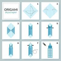 Skyscraper origami scheme tutorial moving model. Origami for kids. Step by step how to make a cute origami building. Vector illustration.