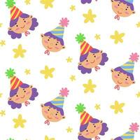 Birthday pattern portrait of a girl and a boy with stars on a white background. Children's texture for the holiday, cute cartoon vector flat illustration. Delicate shades festive theme