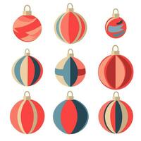 A set of Christmas flat balls is highlighted on a white background. A festive Christmas toy for a Christmas tree. Vector illustration. Multicolored round balls in red, blue shades. Christmas Balls