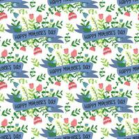 A pattern with a ribbon and flowers for Mother's Day, in a flat style. Cartoon isolated illustration with flowers, ribbons and lettering in seamless ornament. Repetitive Holiday Packaging for Printing vector