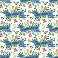 A pattern with a ribbon and flowers for Mother's Day, in a flat style. Cartoon isolated illustration with flowers, ribbons and lettering in seamless ornament. Repetitive Holiday Packaging for Printing vector