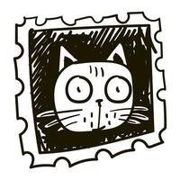 Vector hand-drawn illustration of a cartoon cat in the style of linocut, strokes with a pen. A stamp with a Halloween symbol, an animal. Black and white portrait. Ink strokes, sketch. Handmade work