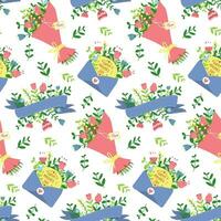 Pattern with bouquets of flowers, letters and ribbons for Mother's Day in a flat style. Cartoon illustration with flowers. Congratulatory texture in the form of a seamless ornament. The packaging vector