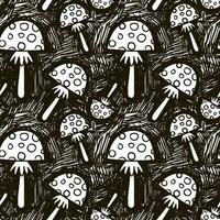 Pattern cute fly agaric for Halloween. Black and white ornament with ink-like strokes. Vector illustration, sketch. Seamless texture, mushrooms, black handle. Black pen on white background