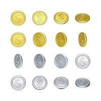 Set of gold and silver coin with dollar symbol. Rotation metallic money. Vector illustration