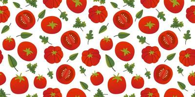 Seamless pattern different colorful tomatoes and greens in flat vector style on white background. For print, textile, background, wrapper.