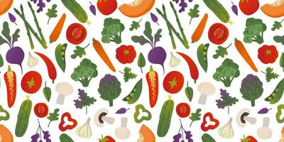 Seamless pattern different colorful gradient vegetables and greens in flat vector style on white background. For print, textile, background, wrapper.