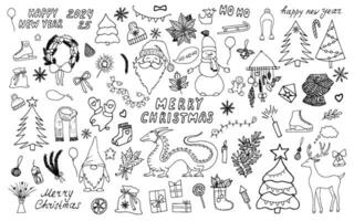 Large holiday collection with Christmas and New Year. Symbol of 2024 is Dragon. Various hand drawn doodle elements Merry Christmas and Happy New Year. Winter holiday attributes Santa, snowman, gifts. vector