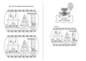 The game of seven differences. Game for kids. Christmas theme. Black and white. French Language. vector