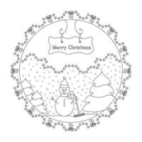 Snowman and fir tree. Snow falling. Winter decor. Christmas mandala. Coloring page christmas theme. English language. vector