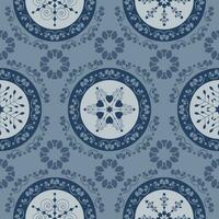Seamless pattern christmas theme. Pretty mandalas and Frieze around with angels. Snowflakes, hearts and spirals. Color blue. vector