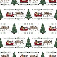 Christmas seamless pattern. Reindeer and his sleigh filled with gifts. Christmas tree. Transparent background. vector