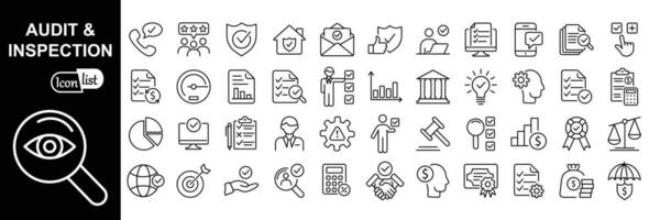 Audit and inspection outline stroke icons set. Examination, testing, quality control, check, inspect, collection. Vector illustration.