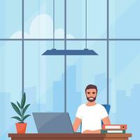 Man working in office, sitting at desk with laptop. Workplace with modern interior, panoramic windows, cityscape behind. Everyday routine company life. Vector illustration.